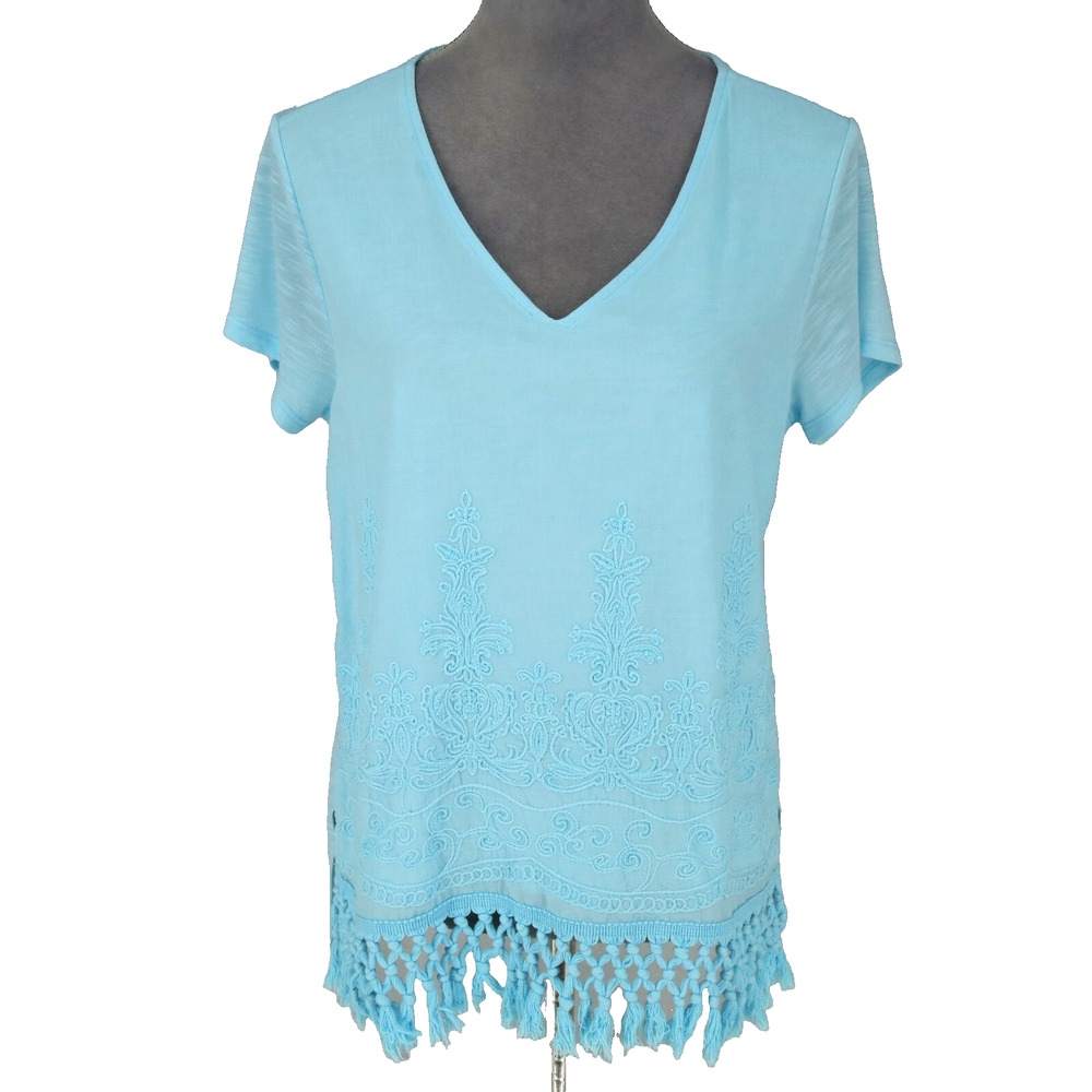 Chicos Top 1 Womens Medium Blue Cotton Blend Embroidered Fringe T-shirt Pullover